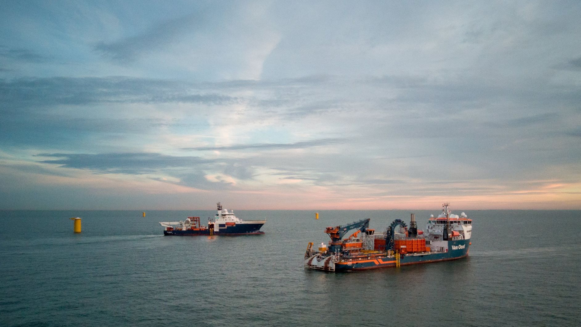 Van Oord Nexus cable laying vessel from Norther wind farm offshore high voltage substation
